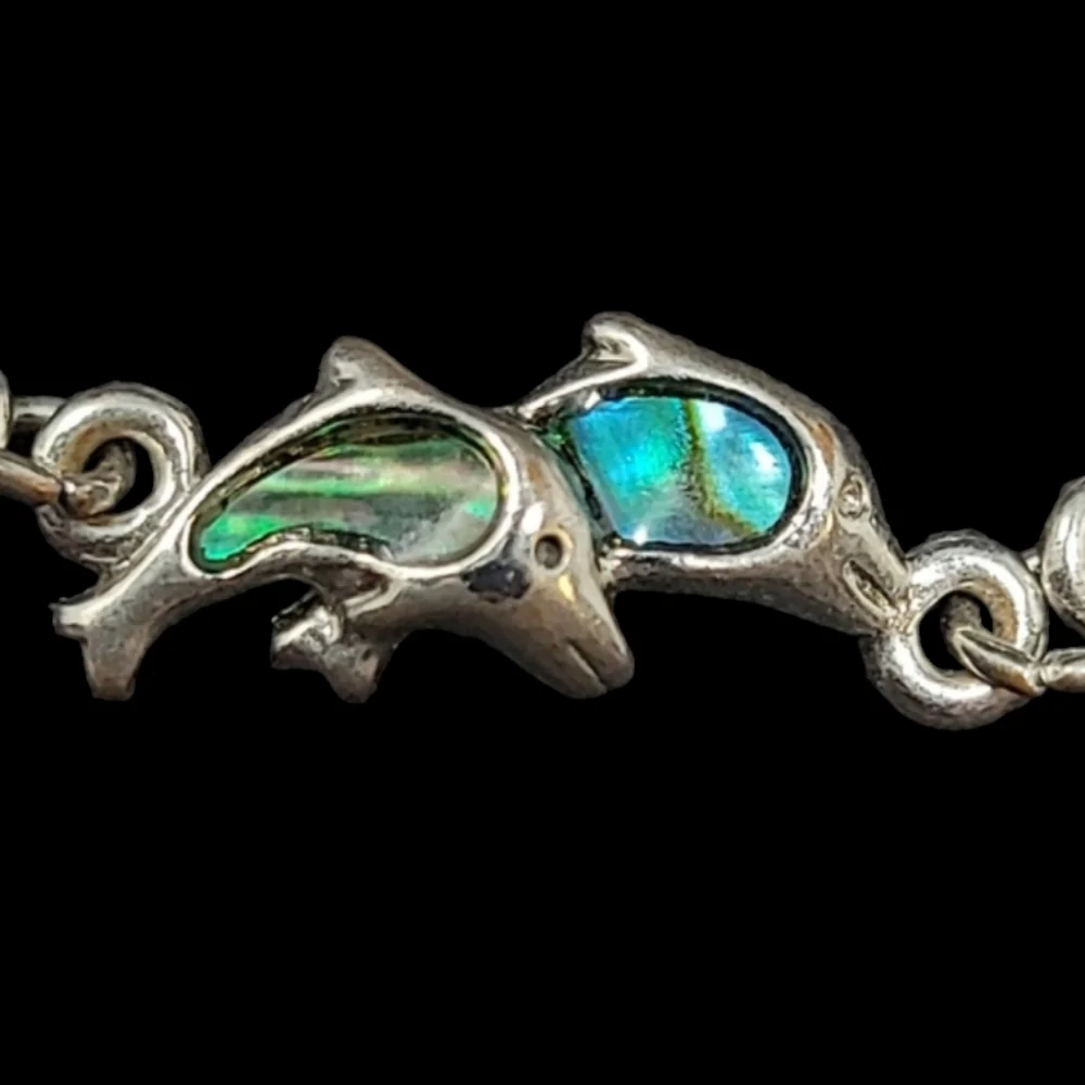 MULTI COLORED IRIDESCENT ENAMEL DOLPHIN LINK SILVER TONE BRACELET